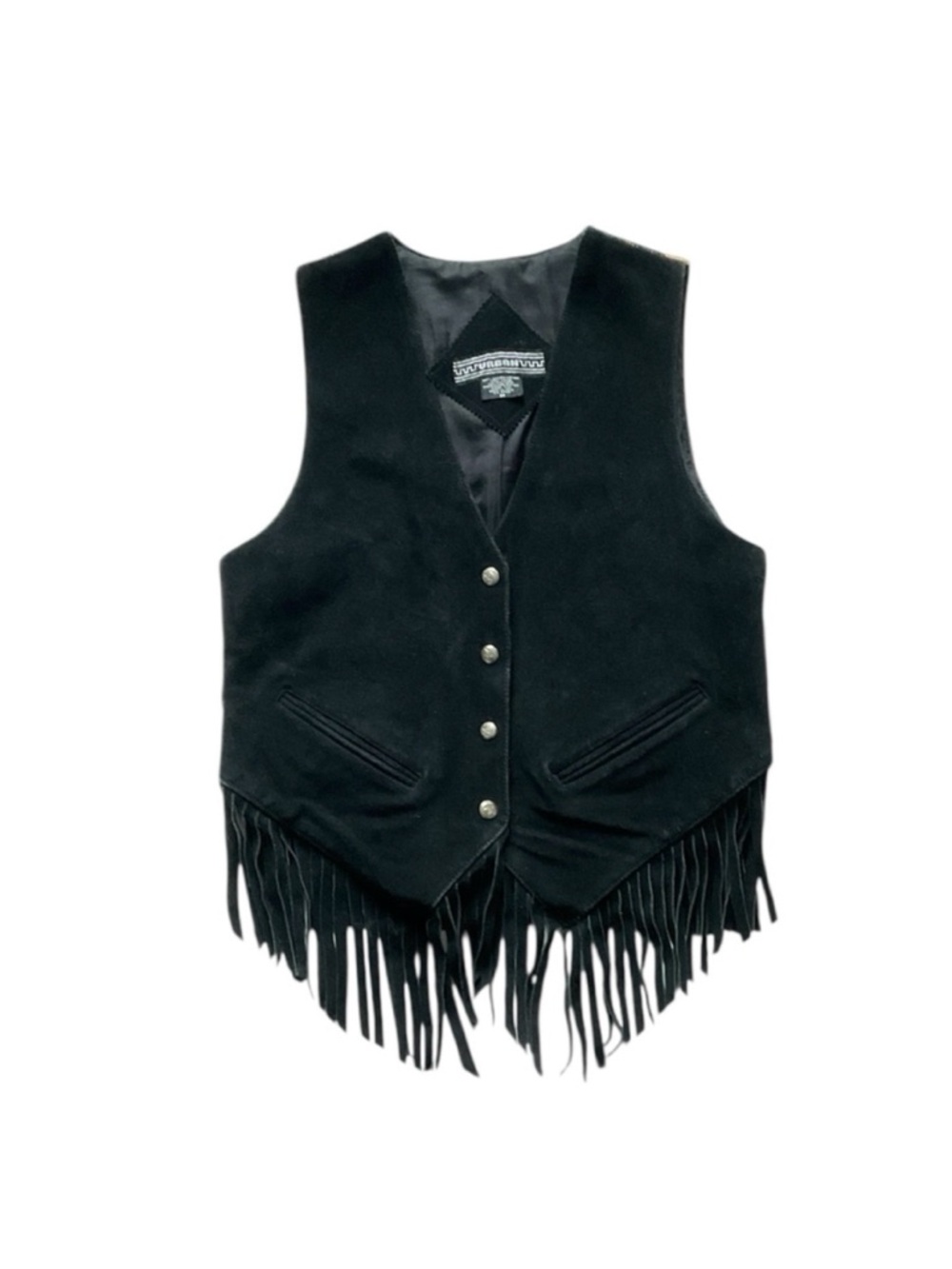 Vintage Urban Southwestern Aztec Woven Black Leather Suede Fringe Vest, size M